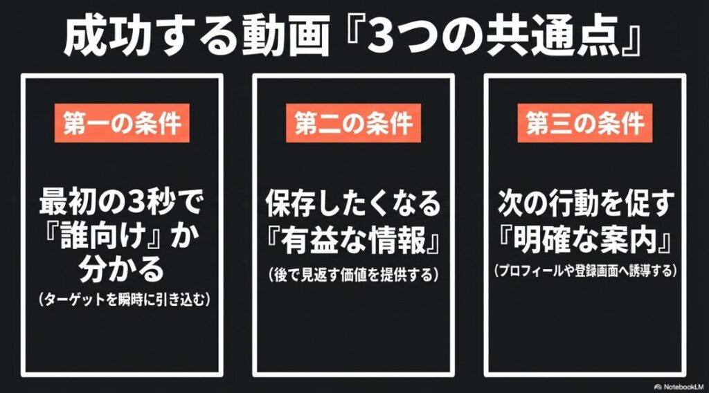 インスタのリールがバズる再生回数はどれくらい？成功するリール動画の共通点（最初の3秒でターゲットを惹きつける、保存したくなる有益な情報、次の行動を促す明確な案内）