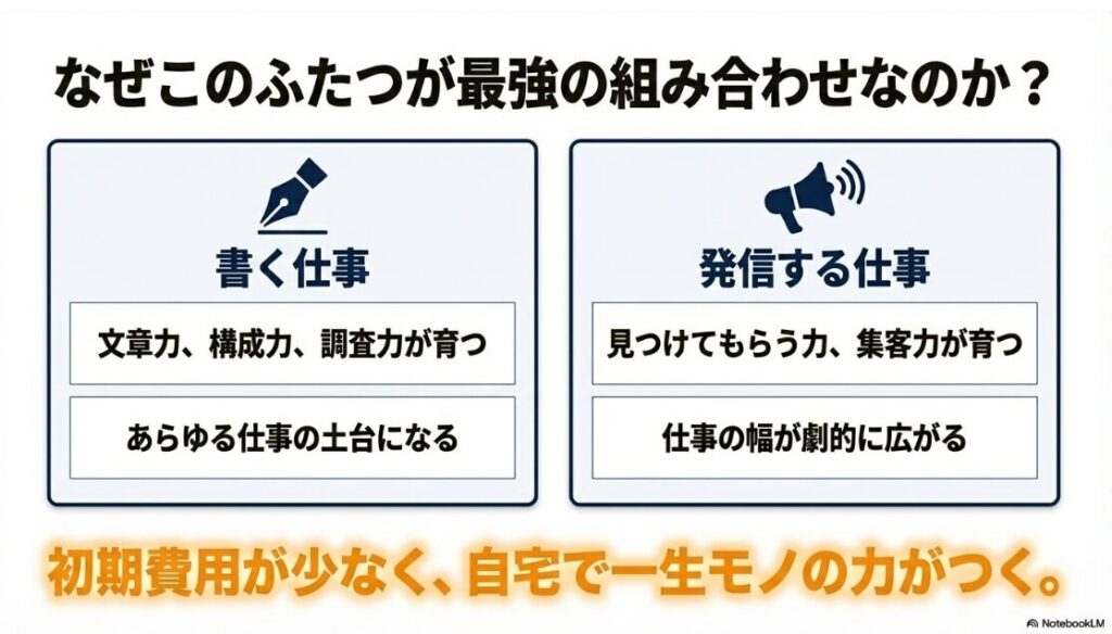 フリーランスの末路はやめとけ？書く仕事で文章力や調査力が育ち、発信する仕事で集客力が育つため、ふたつは最強の組み合わせ
