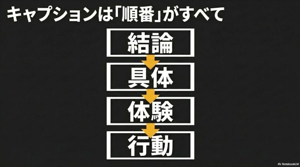 インスタのタイトルの付け方：キャプションを書く最適な順番である結論、具体、体験、行動の流れを示す図解