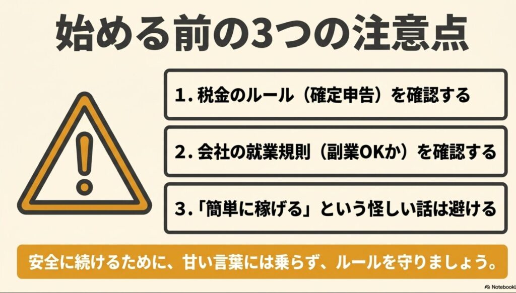 iPadでできる副業は?初心者におすすめをYUMIの体験談で解説 : 副業を始める前の3つの注意点。税金のルールの確認、会社の就業規則の確認、簡単に稼げるという怪しい話を避けること 。