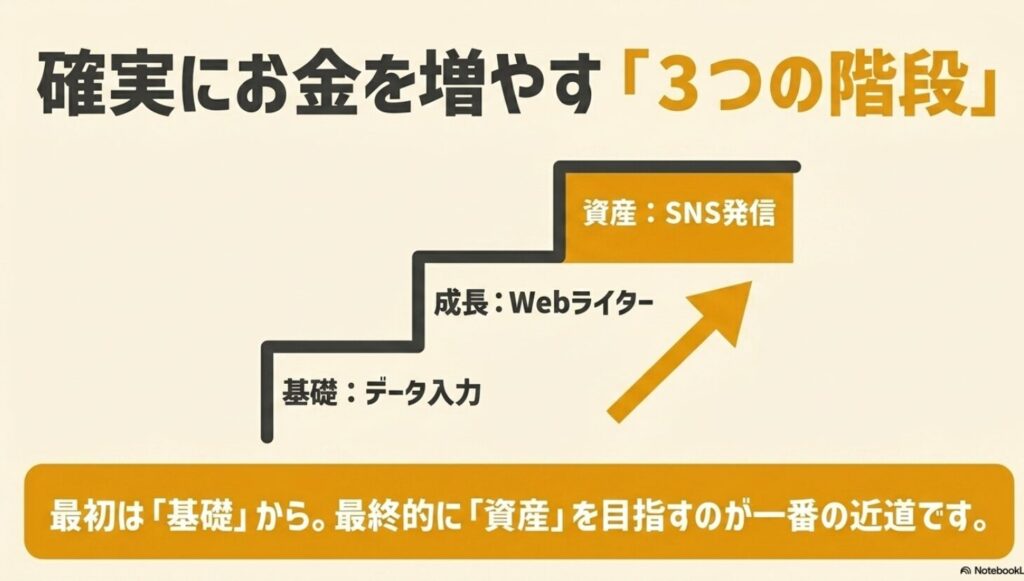 iPadでできる副業は?初心者におすすめをYUMIの体験談で解説 : 確実にお金を増やす3つの階段。最初は基礎の「データ入力」から始め、成長の「Webライター」を経て、最終的に資産となる「SNS発信」を目指す手順 。