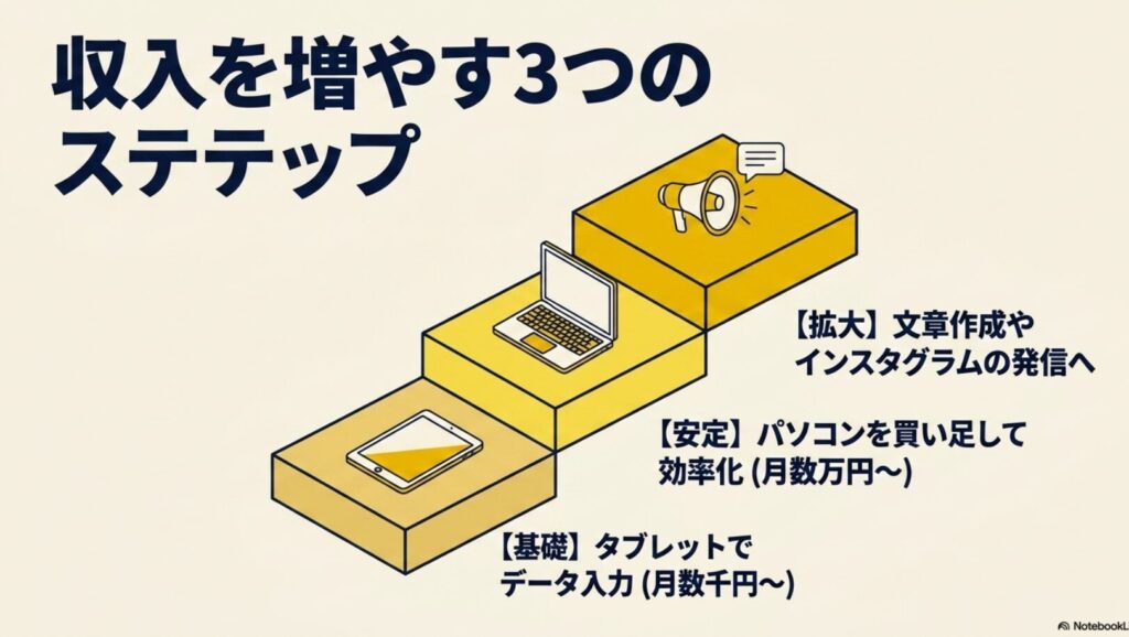 【iPadで副業】データ入力の完全在宅ガイドと失敗しない選び方 : タブレットでの基礎、パソコンを買い足しての安定、文章作成やインスタグラムの発信への拡大という、収入を増やす3つのステップを示すスライド画像