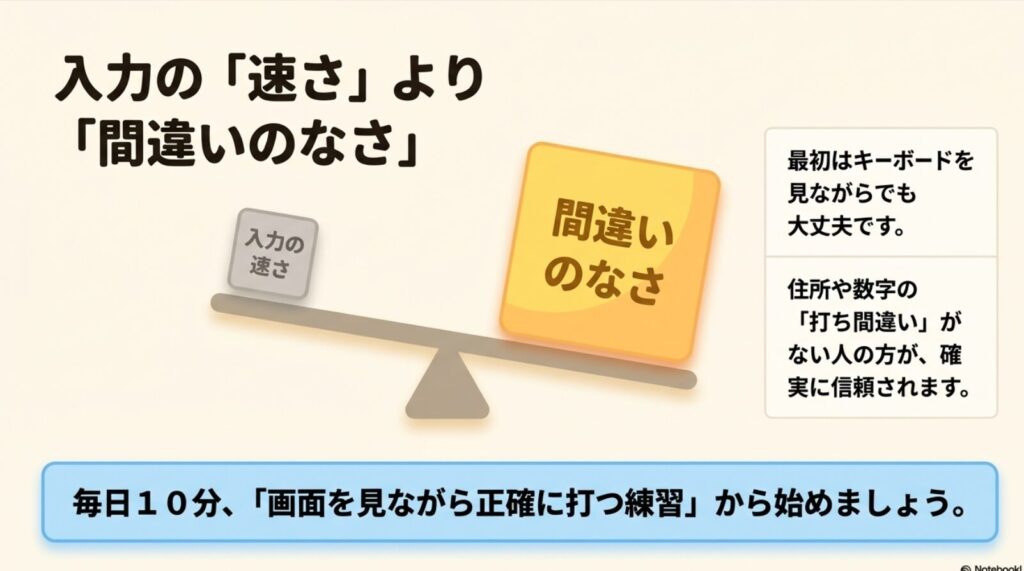 データ入力でパソコンができない人の稼ぎ方と安全な在宅副業の始め方 : データ入力では入力の速さよりも間違いのなさが重要であり、毎日10分画面を見ながら正確に打つ練習から始めることを推奨する図解