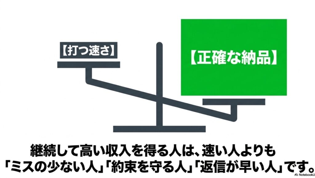 データ入力の時給が高いのはなぜ?給料の現実と稼ぎ方を解説 : 打つ速さよりも正確な納品を重んじる天秤の図。継続して高い収入を得る人は、速い人よりもミスの少ない人、約束を守る人、返信が早い人です。