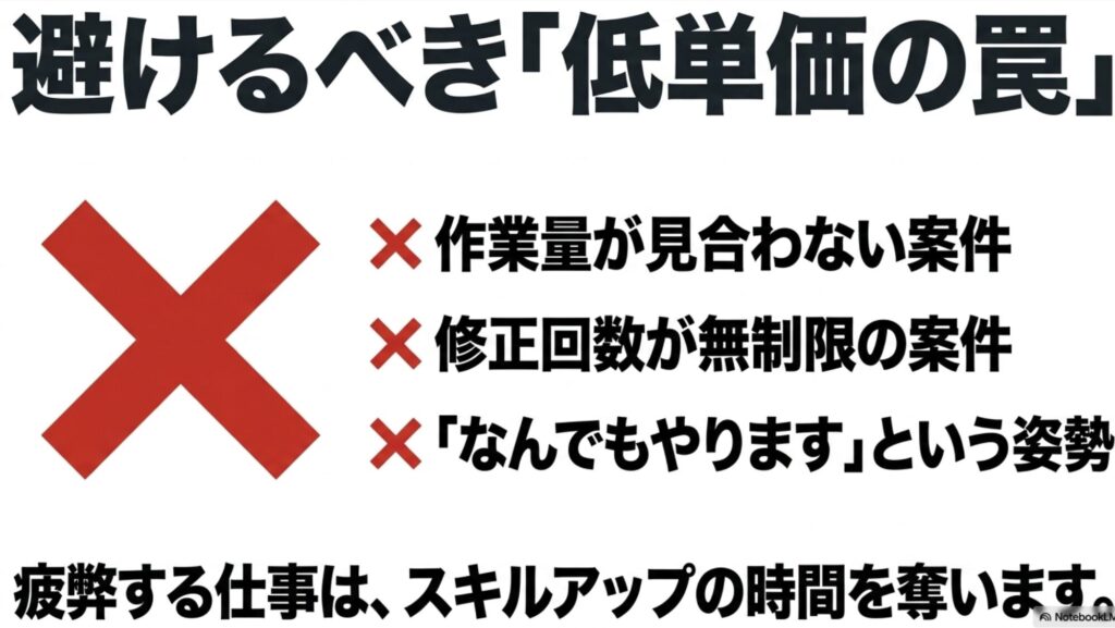 フリーランスの仕事の取り方完全ガイド│初心者が在宅で稼ぐ手順 : 避けるべき低単価の罠 。作業量が見合わない案件や修正回数が無制限の案件は、スキルアップの時間を奪います 。
