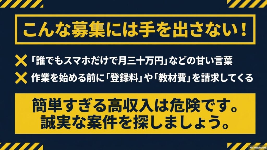 【iPadで副業】データ入力の完全在宅ガイドと失敗しない選び方 : 誰でもスマホだけで月三十万円などの甘い言葉や、作業を始める前に登録料や教材費を請求してくる募集には手を出さないよう警告するスライド画像