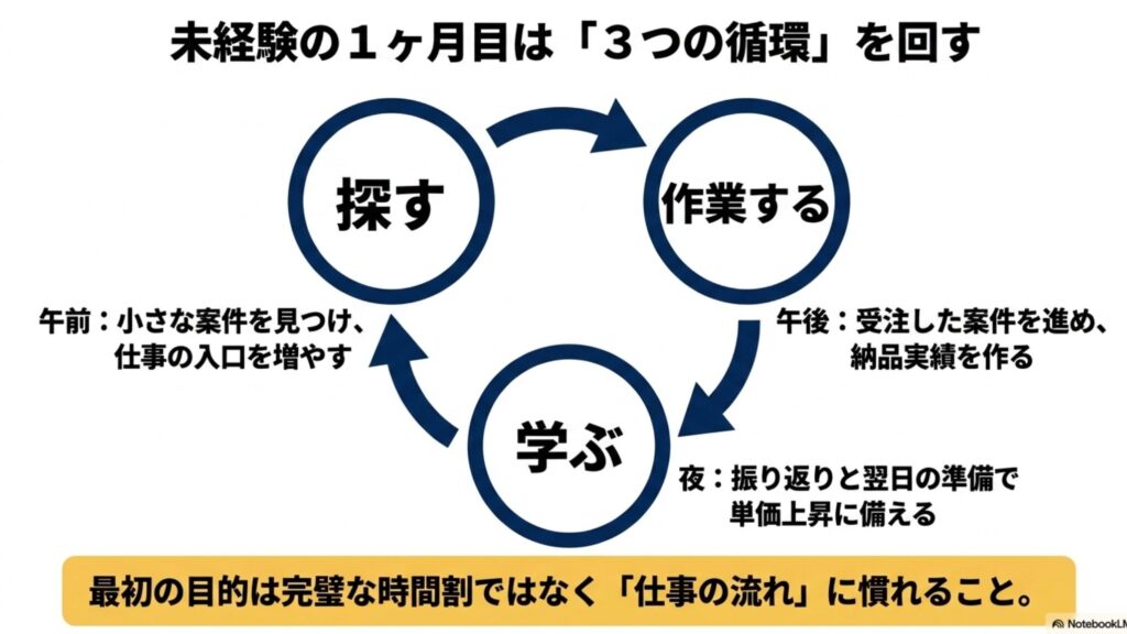 フリーランスの休み方と稼働時間を整える現実的な方法を実体験で解説 : 未経験の1ヶ月目に回すべき「探す・作業する・学ぶ」の3つの循環と時間割 。完璧な時間割より仕事の流れに慣れることを優先する図解 。