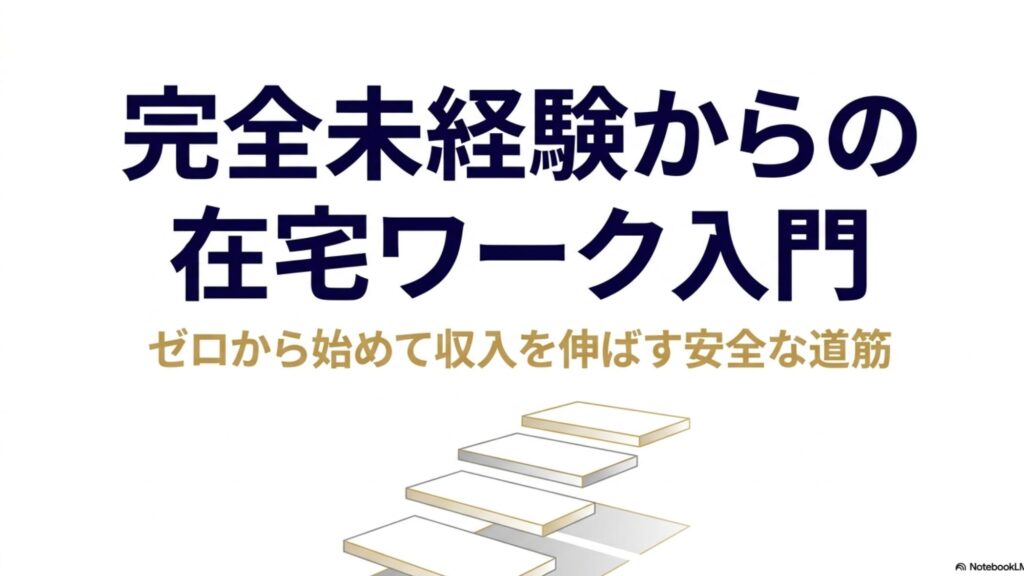 在宅ワークの始め方と初心者向けの探し方を実体験で解説 : 完全未経験からの在宅ワーク入門。ゼロから始めて収入を伸ばす安全な道筋を示すタイトルスライド。