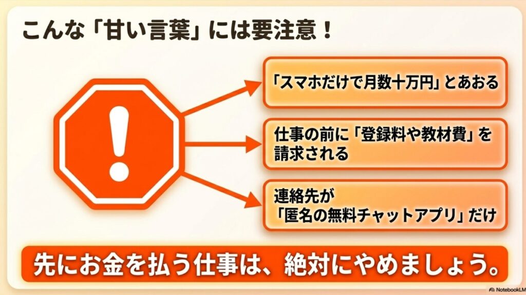 データ入力でパソコンができない人の稼ぎ方と安全な在宅副業の始め方 : スマホだけで高収入をあおる案件や、登録料を請求されるなど、先にお金を払う仕事は絶対にやめるべきという注意喚起
