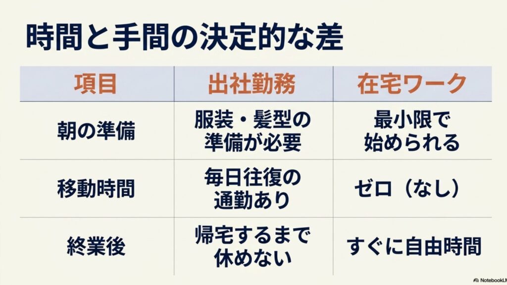 在宅ワークは羨ましいしずるい？出社組の本音と働く現実 : 朝の準備、移動時間、終業後の3つの項目で、出社勤務と在宅ワークの時間と手間の決定的な差を比較した表