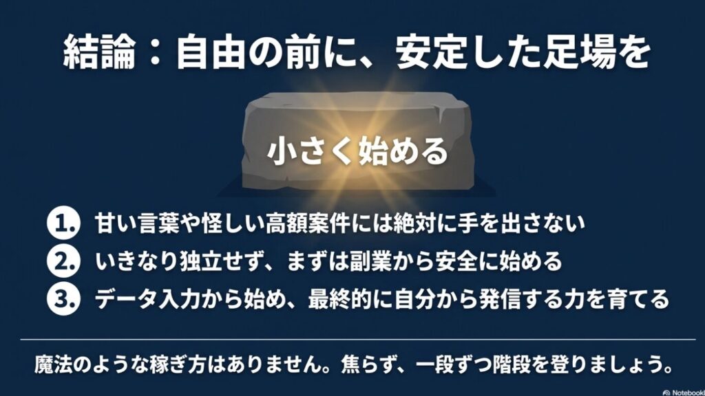 ノマドワーカーはやめとけ?現実と末路を経験者が本音で徹底解説 : 結論として、甘い言葉に手を出さず、副業から安全に始め、最終的に自分から発信する力を育てるという3つのポイントをまとめたスライド