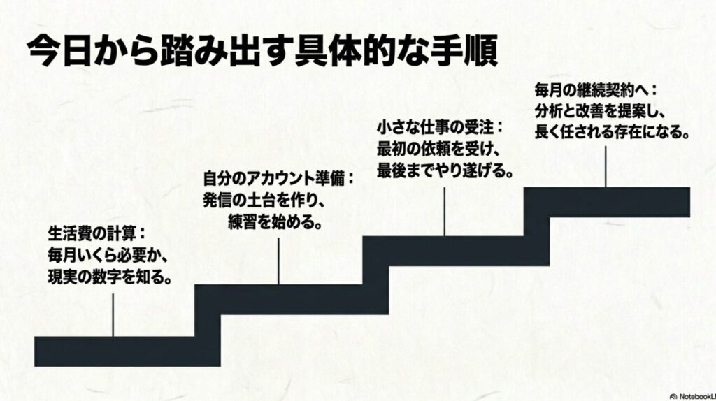 ノマドワーカーになるには?スキルなしでも可能?何をしてるか解説 : 今日から踏み出す具体的な手順(生活費の計算、小さな仕事の受注、自分のアカウント準備、毎月の継続契約へのステップ)