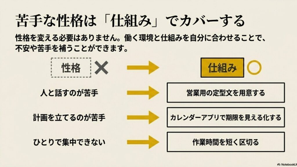 フリーランスに向いてる人と向かない人を実体験でわかりやすく診断 : 人と話すのが苦手なら営業用の定型文を用意するなど、性格を変えずに環境と仕組みを自分に合わせる具体例のリスト 。