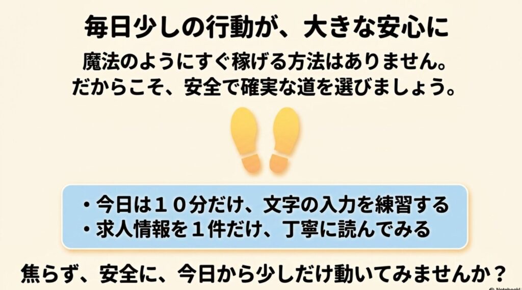 データ入力でパソコンができない人の稼ぎ方と安全な在宅副業の始め方 : 魔法のようにすぐ稼げる方法はないため、毎日10分の入力練習や求人を丁寧に読むといった小さな行動から始めることを勧めるメッセージ