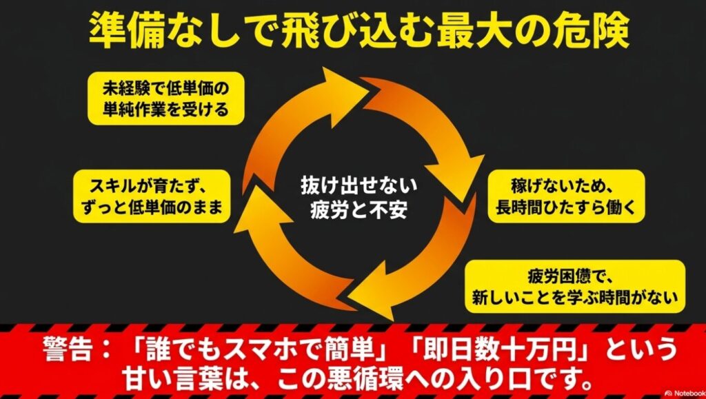 ノマドワーカーはやめとけ?現実と末路を経験者が本音で徹底解説 : 未経験で低単価の単純作業を受け、スキルが育たず長時間ひたすら働き、疲労と不安から抜け出せない悪循環を示す図