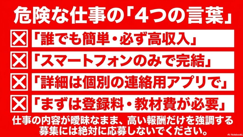 データ入力の時給が高いのはなぜ?給料の現実と稼ぎ方を解説 : 危険な仕事の4つの言葉。「誰でも簡単・必ず高収入」「スマートフォンのみで完結」「まずは登録料が必要」など。仕事の内容が曖昧なまま高い報酬を強調する募集には絶対に応募しないでください。