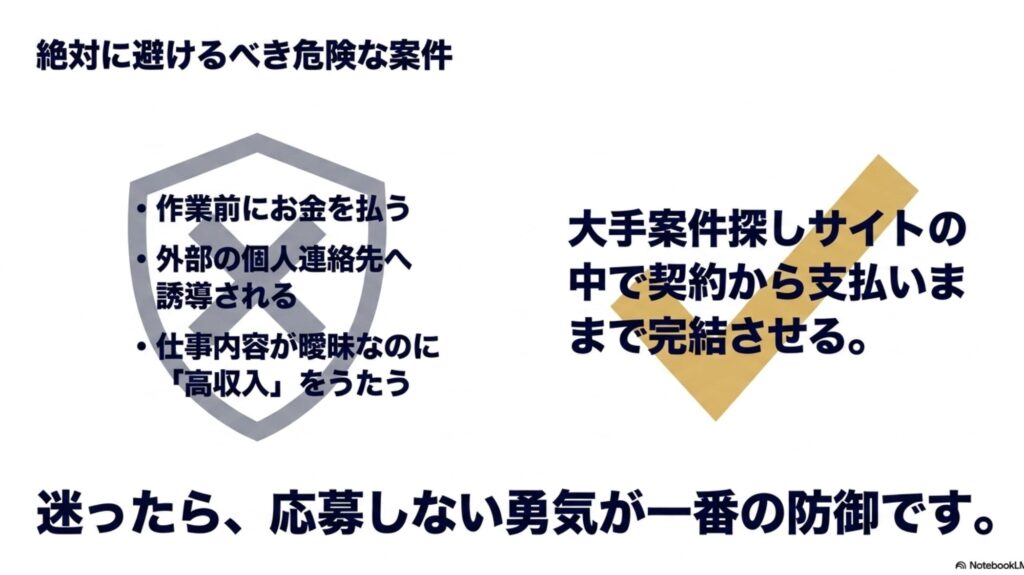 在宅ワークの始め方と初心者向けの探し方を実体験で解説 : 作業前にお金を払う、外部の個人連絡先へ誘導される、仕事内容が曖昧なのに高収入をうたうなど、絶対に避けるべき危険な案件の特徴。