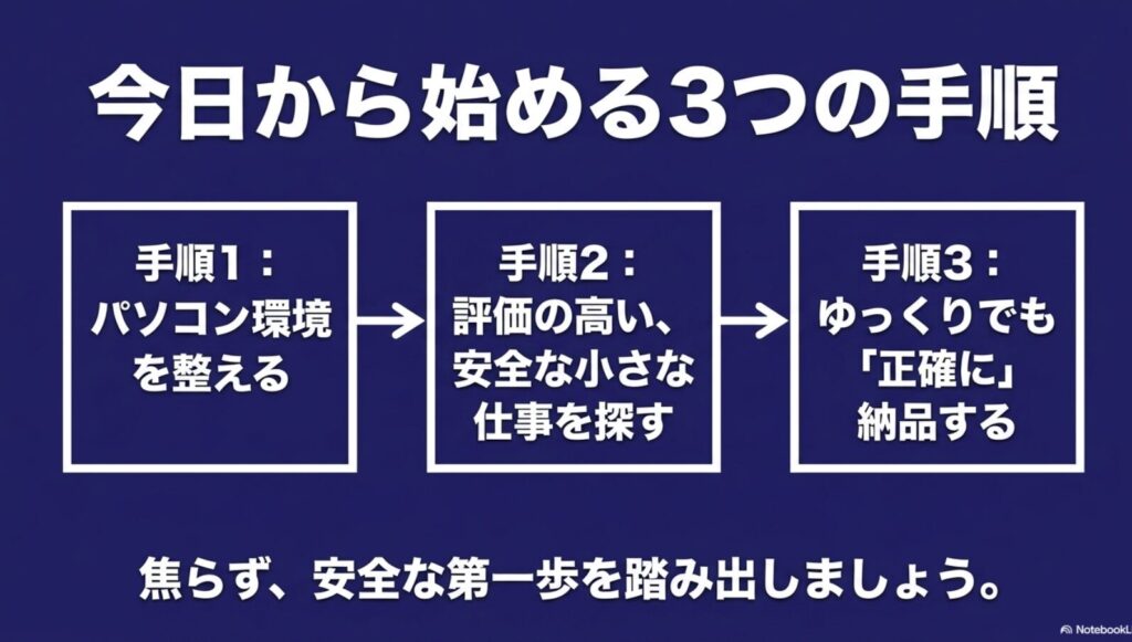 データ入力を初心者からの始め方│おすすめの副業入門ガイド完全版 : 今日から始める3つの手順 。パソコン環境を整える、評価の高い安全な小さな仕事を探す、ゆっくりでも正確に納品するというステップ 。