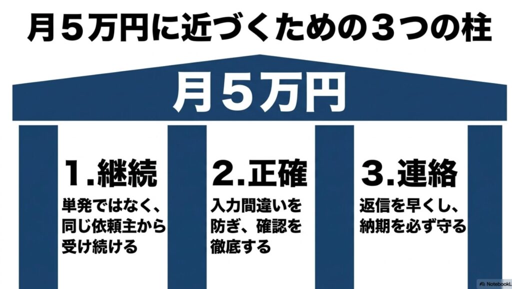 月3万・月5万を狙う副業│データ入力をスマホのみで在宅の隙間時間に : データ入力で月5万円に近づくための3つの柱である継続と正確さと連絡