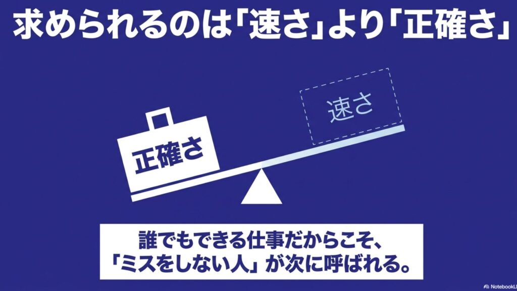 データ入力を初心者からの始め方│おすすめの副業入門ガイド完全版 : 天秤で「正確さ」が「速さ」よりも重く評価されているイラスト 。誰でもできる仕事だからこそ、ミスをしない人が次に呼ばれるという解説 。