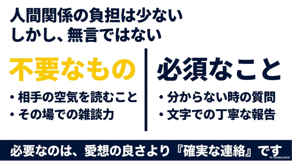 データ入力はやめとけ?楽すぎ?向いてない人:不要なものとして「相手の空気を読むこと・雑談力」、必須なこととして「分からない時の質問・文字での丁寧な報告」を挙げ、愛想の良さより確実な連絡が重要であることを示す図。