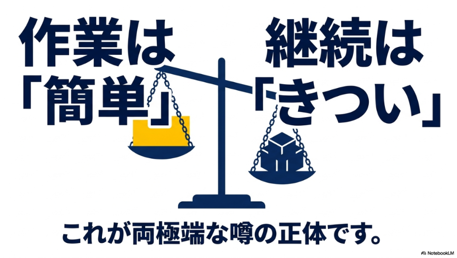 データ入力はやめとけ?楽すぎ?向いてない人:天秤の左側に「作業は簡単」、右側に「継続はきつい」と書かれ、両極端な噂の正体を説明しているイラスト。