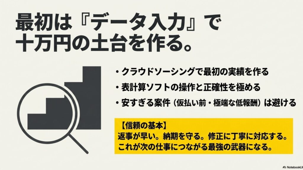 【実体験】フリーランスで月30万稼ぐ現実と始め方の完全ガイド : フリーランス初期にクラウドソーシングのデータ入力で月10万円の土台を作り、返信の早さや納期遵守で信頼を構築するポイント