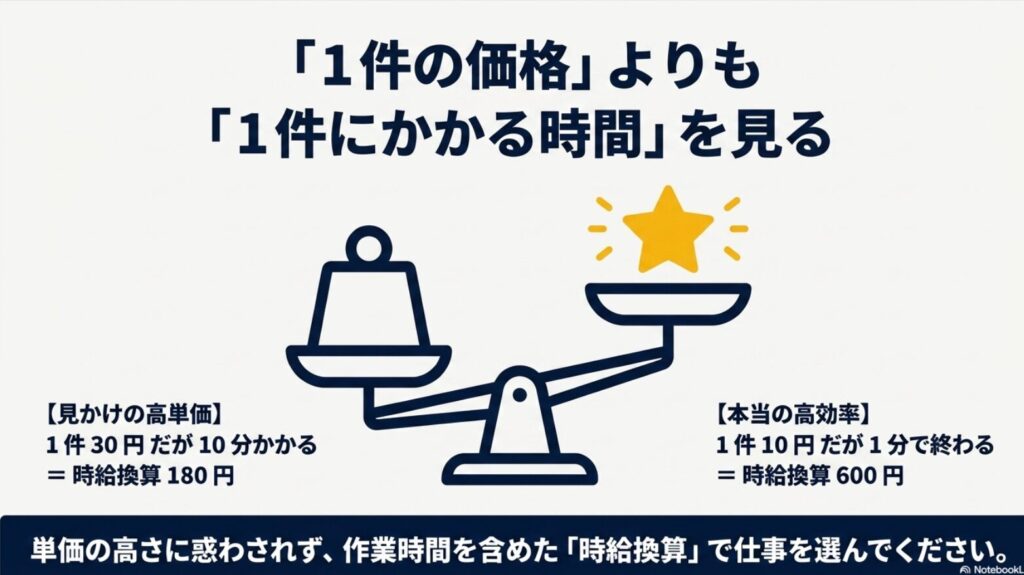 【月1万達成】副業でデータ入力を完全在宅で稼ぐ実践方法と案件選び : データ入力案件選びのコツ：1件の単価ではなく作業時間を含めた時給換算で比較する