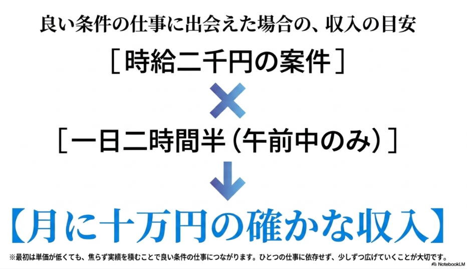 データ入力の仕事はなくなる?将来性:時給2000円のデータ入力案件を午前中のみ1日2時間半行った場合の、月10万円の確かな収入目安