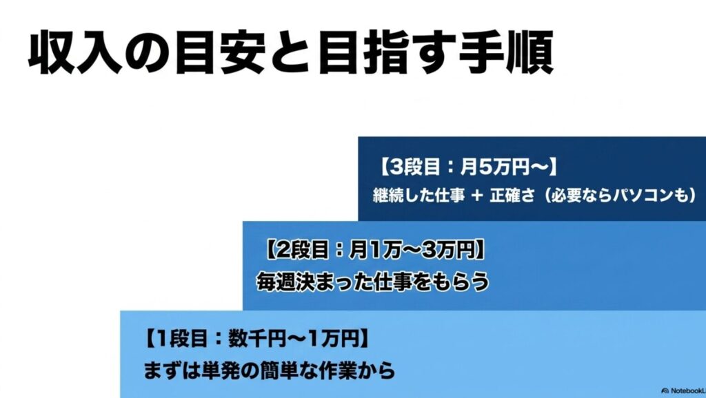 月3万・月5万を狙う副業│データ入力をスマホのみで在宅の隙間時間に : データ入力の収入目安である数千円から月5万円以上と各段階で必要なステップ