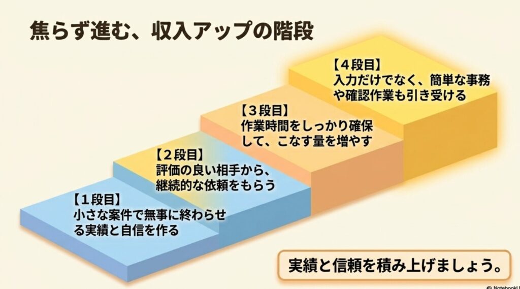 データ入力でパソコンができない人の稼ぎ方と安全な在宅副業の始め方 : 小さな案件での実績作りから、継続依頼の獲得、作業量の増加、そして簡単な事務作業まで引き受けるという収入アップの4つの段階