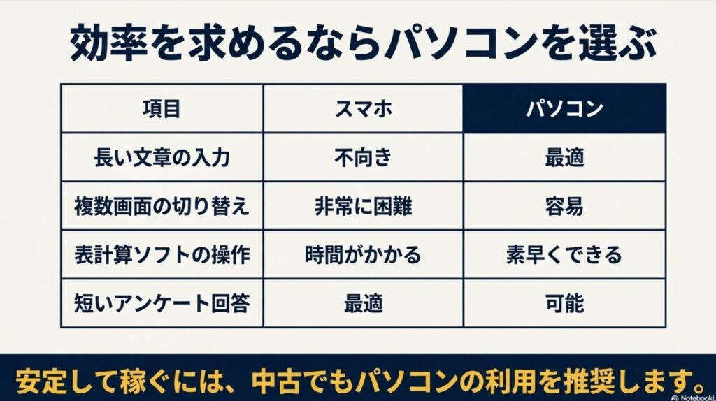 【月1万達成】副業でデータ入力を完全在宅で稼ぐ実践方法と案件選び : データ入力副業におけるスマホとパソコンの作業効率と向き不向きの比較表