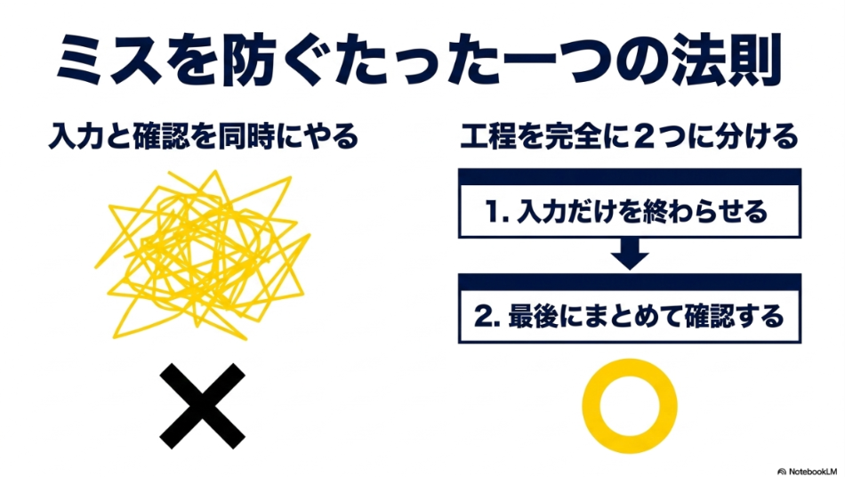 データ入力はやめとけ?楽すぎ?向いてない人:入力と確認を同時にやるのはバツ(NG)、工程を完全に2つに分けて「1.入力だけを終わらせる」「2.最後にまとめて確認する」のがマル(推奨)であることを示す図。