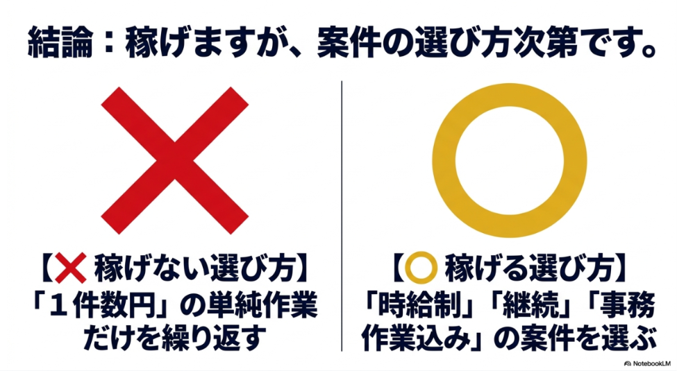 データ入力のバイトをやってみた│副業で月10万稼げない理由と対策：データ入力副業の結論：稼げるかは案件の選び方次第。1件数円の単純作業は避け、時給制・継続・事務作業込みの案件を選ぶ