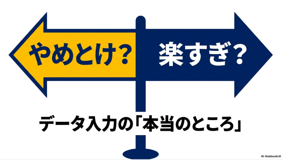 データ入力はやめとけ?楽すぎ?向いてない人:データ入力はやめとけ?楽すぎ?データ入力の本当のところを解説するスライドの表紙。