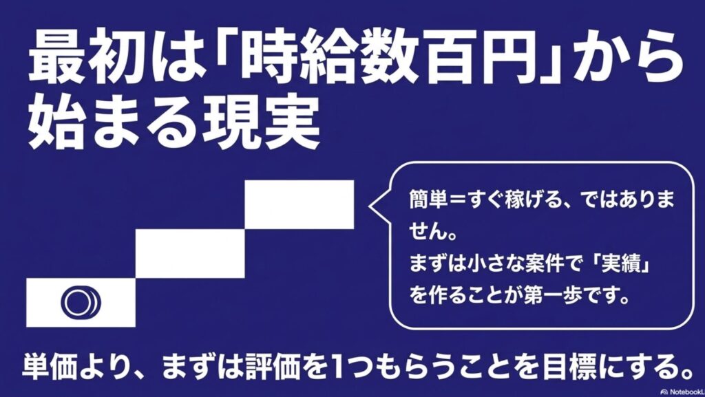 データ入力を初心者からの始め方│おすすめの副業入門ガイド完全版 : データ入力は最初は時給数百円から始まる現実 。簡単=すぐ稼げるではなく、まずは小さな案件で実績を作ることが第一歩という解説 。単価よりまずは評価を1つもらうことを目標にする 。