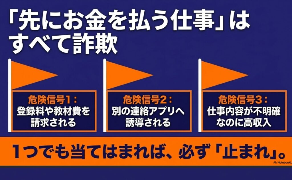 データ入力を初心者からの始め方│おすすめの副業入門ガイド完全版 : 先にお金を払う仕事はすべて詐欺という警告 。登録料の請求、別アプリへの誘導、仕事内容が不明確なのに高収入という3つの危険信号の解説 。