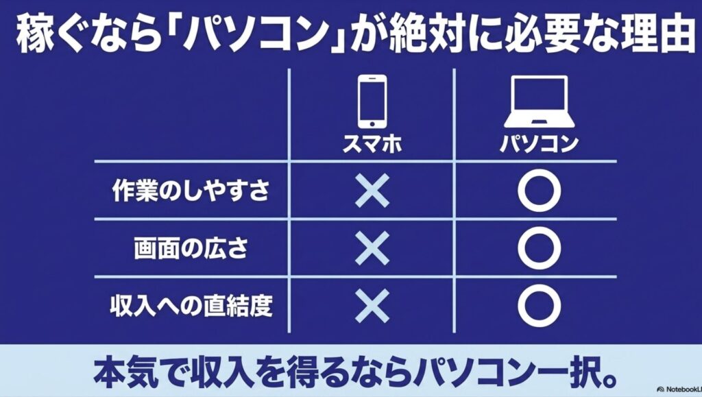 データ入力を初心者からの始め方│おすすめの副業入門ガイド完全版 : スマホとパソコンの比較表 。作業のしやすさ、画面の広さ、収入への直結度のすべてにおいてパソコンが優れているという比較 。本気で収入を得るならパソコン一択であるという解説 。
