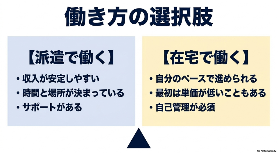 データ入力はやめとけ?楽すぎ?向いてない人:派遣で働くメリット(収入安定・サポート)と注意点(時間と場所の固定)、在宅で働くメリット(自分のペース)と注意点(単価や自己管理)を比較した図。