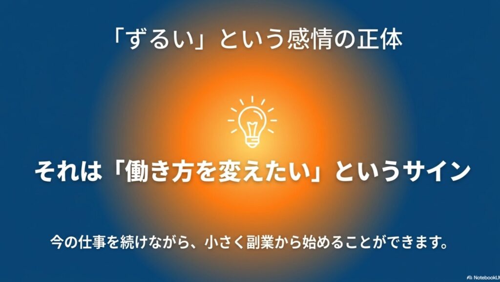在宅ワークは羨ましいしずるい？出社組の本音と働く現実 : 「ずるい」という感情の正体は今の働き方を変えたいというサインであり、今の仕事を続けながら副業から小さく始められることを示すスライド