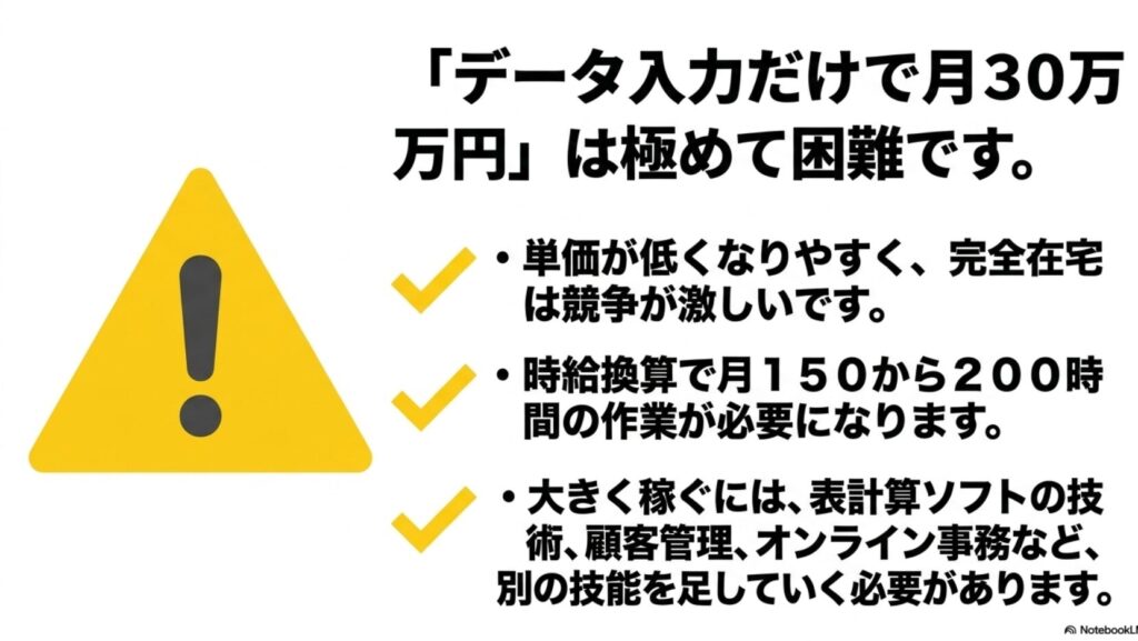 データ入力の時給が高いのはなぜ?給料の現実と稼ぎ方を解説 : データ入力だけで月30万円は極めて困難です。単価が低くなりやすく完全在宅は競争が激しいため、時給換算で月150から200時間の作業が必要になります。大きく稼ぐには別の技能を足していく必要があります。