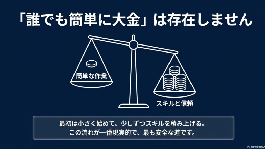 在宅ワークはスキルなしも可能?未経験におすすめの誰でもできる仕事 : 誰でも簡単に大金は存在しない。簡単な作業と「スキルと信頼」を天秤にかけ、最初は小さく始めてスキルを積むのが最も安全な道であることを示す図。