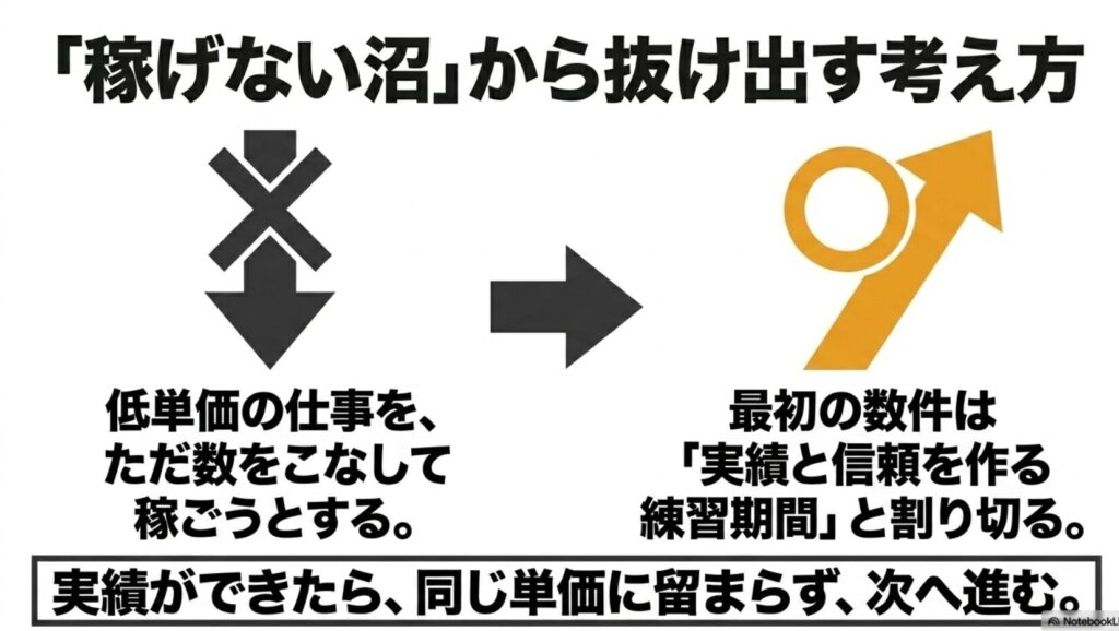 在宅ワークのつらい・難しい現実と収入を伸ばす具体策集 : 低単価の仕事をただこなすのではなく、最初の数件は実績と信頼を作る練習期間と割り切り、実績ができたら次へ進むという考え方を示す図。