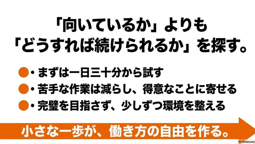 在宅ワークに向いてる人・向かない人を経験者が徹底解説 : 「向いているか」よりも「どうすれば続けられるか」を探すことが重要であり 、一日三十分から試す 、苦手な作業は減らし得意なことに寄せる 、完璧を目指さず少しずつ環境を整える といった小さな一歩が働き方の自由を作る  というメッセージスライド。