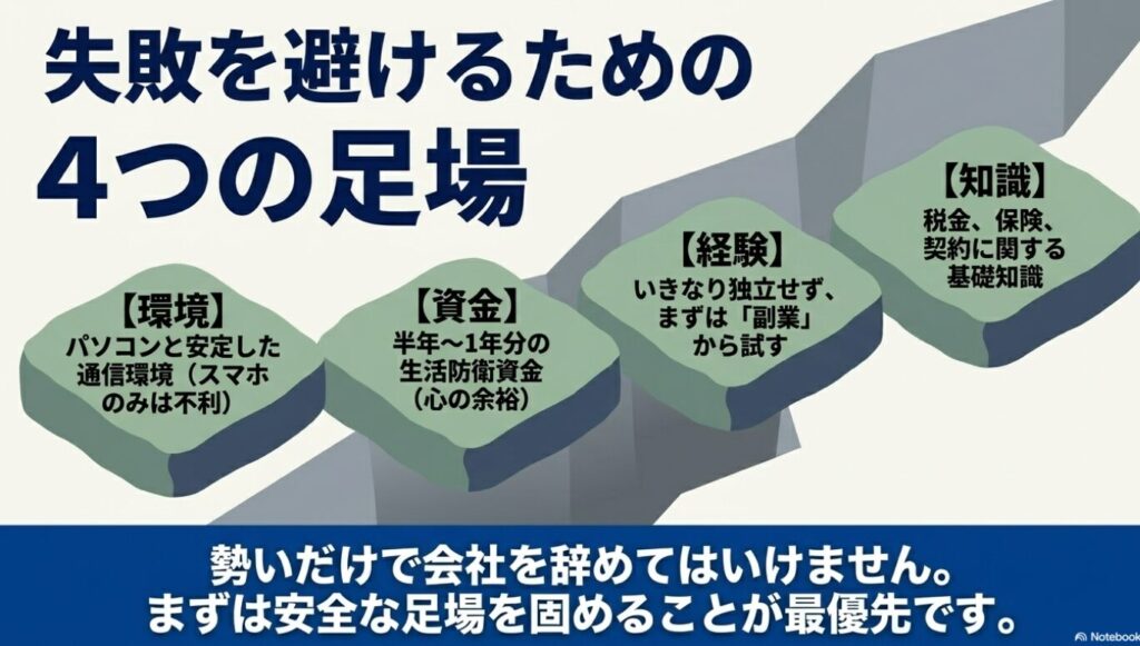 ノマドワーカーはやめとけ?現実と末路を経験者が本音で徹底解説 : 失敗を避けるための4つの足場として、環境、資金、経験、知識を固めることの重要性を解説したスライド