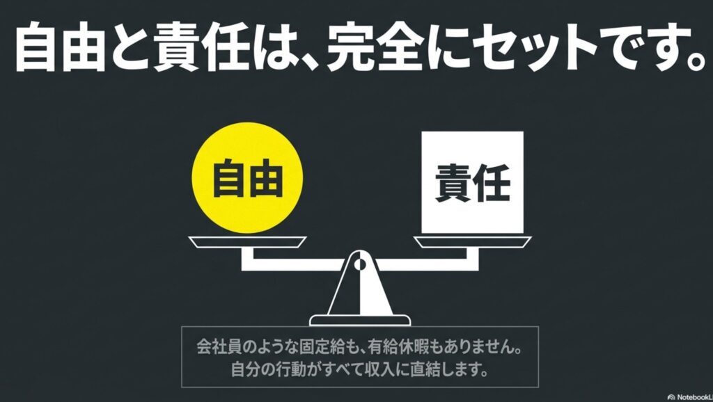 【絶望】20代後半でフリーランスを始めた現実を実体験で解説 : 自由と責任が天秤に乗っているイラスト。フリーランスは自由と責任が完全にセットであることを表す図