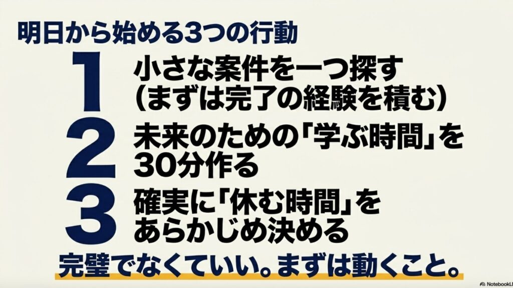 フリーランスの休み方と稼働時間を整える現実的な方法を実体験で解説 : 小さな案件を探す、学ぶ時間を作る、休む時間を決めるという、フリーランスが現状を変えるために明日から始めるべき3つの行動 。