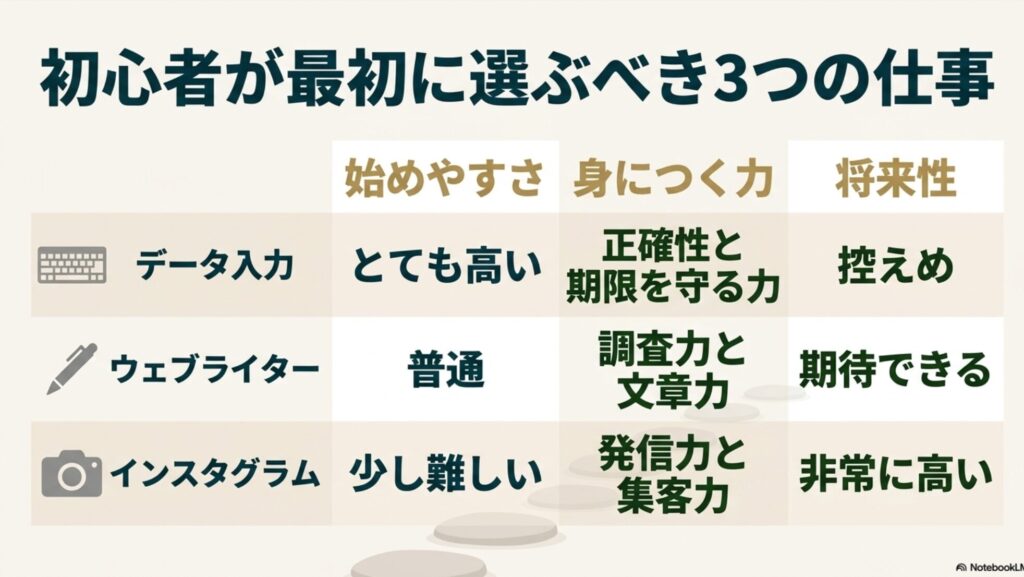 フリーランスになるには何から始める？未経験から在宅で稼ぐ方法 : 初心者が最初に選ぶべき3つの仕事 。データ入力、ウェブライター、インスタグラムの3つについて、始めやすさ、身につく力、将来性を比較した一覧表 。
