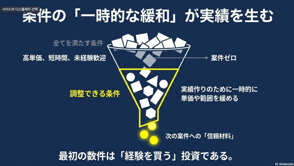 フリーランスの案件が決まらない原因と対策│未経験向け完全ガイド : 実績作りのために一時的に単価や範囲を緩めることで、次の信頼材料につながることを示すファネル図