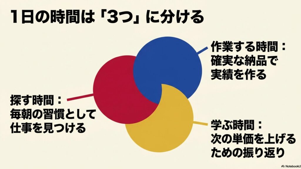 フリーランスの1日のスケジュール実例と収入アップ術 : 1日の時間を「探す」「作業する」「学ぶ」の3つに分けるフリーランスのスケジュール構成